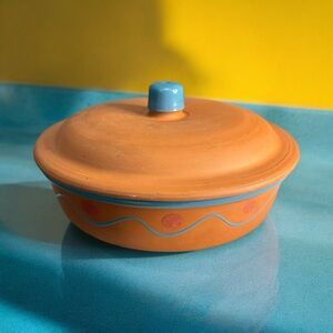 Himark Redware Casserole Baking Dish & Lid. Terra Cotta Blue & Orange Trim